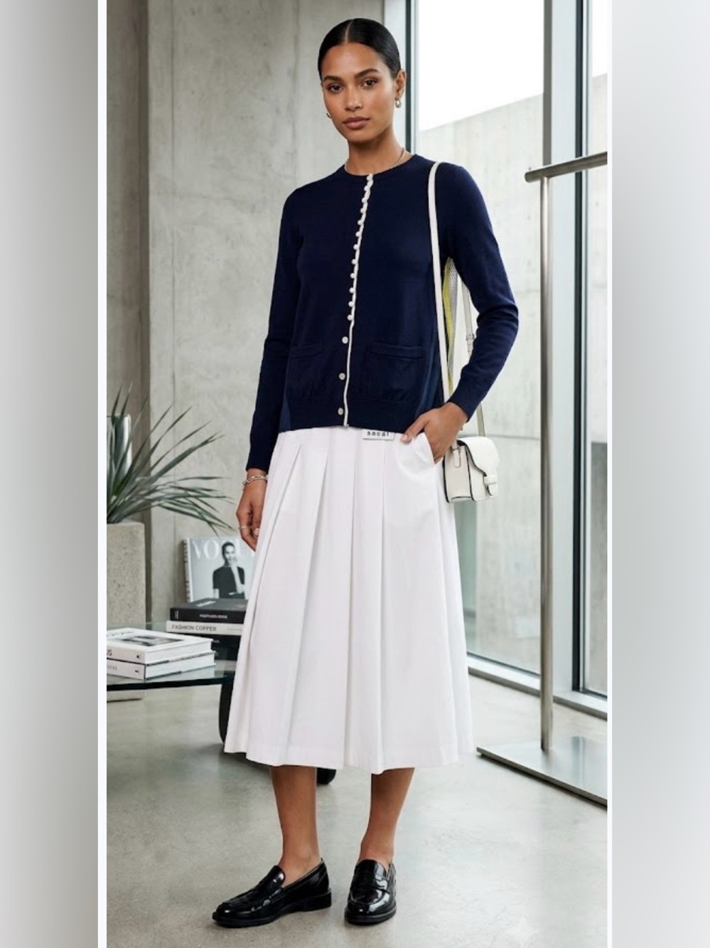 Sacai Luck Navy Cotton Cardigan Sailboat Print Pleated Back Sweater Size 2 US M
